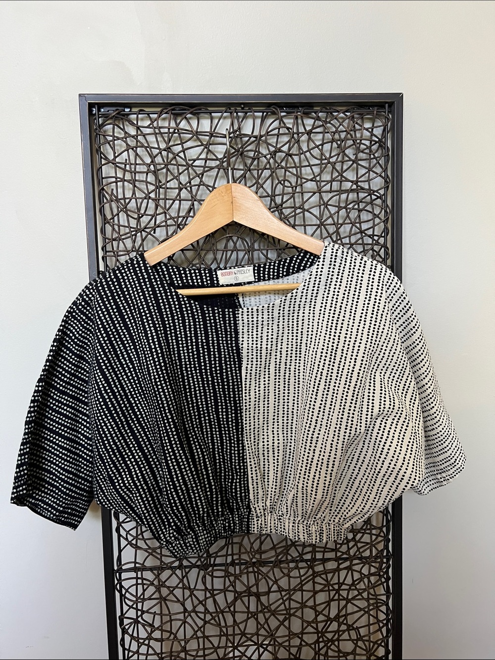 Bombay Paisley black white color-block dots crop top retro 80s cotton linen bl S